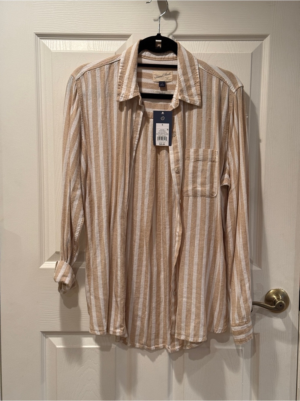 Universal Thread Relaxed Fit Linen Tan & White Striped Button Down Shirt